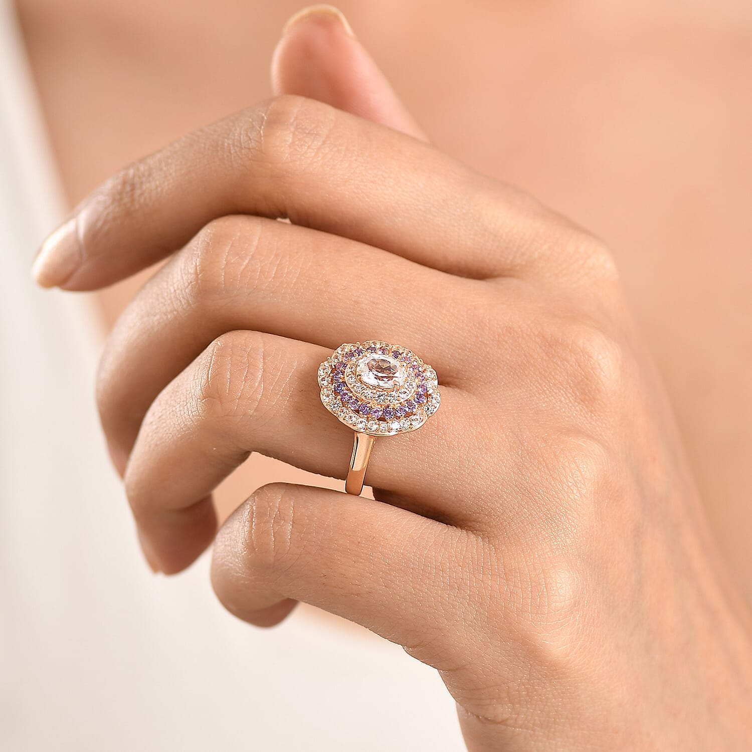 EverTrue Lab Created White and Purple Sapphire 2.35 ctw Royal Blush Halo Ring in 18K RG Plated (Size 6.0)