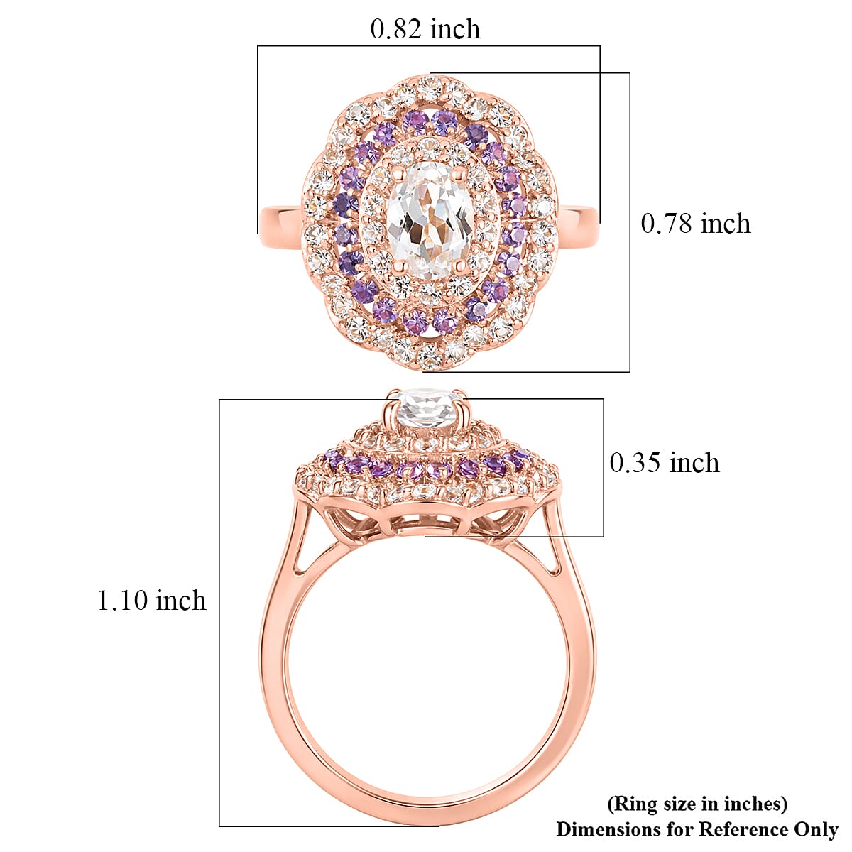 EverTrue Lab Created White and Purple Sapphire 2.35 ctw Royal Blush Halo Ring in 18K RG Plated (Size 6.0)