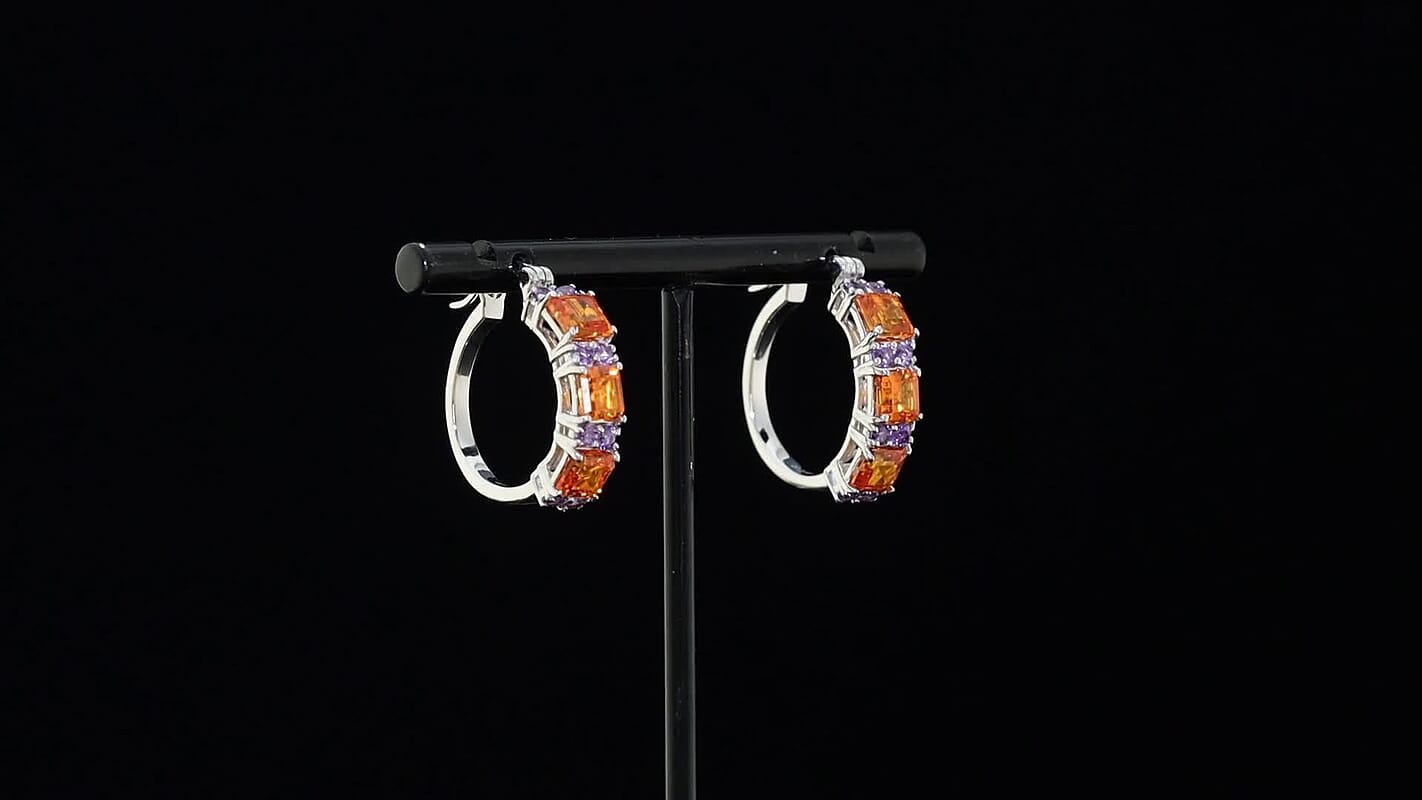EverTrue Lab Created Orange and Purple Sapphire 6.60 ctw Art Deco Earrings in Platinum Bond