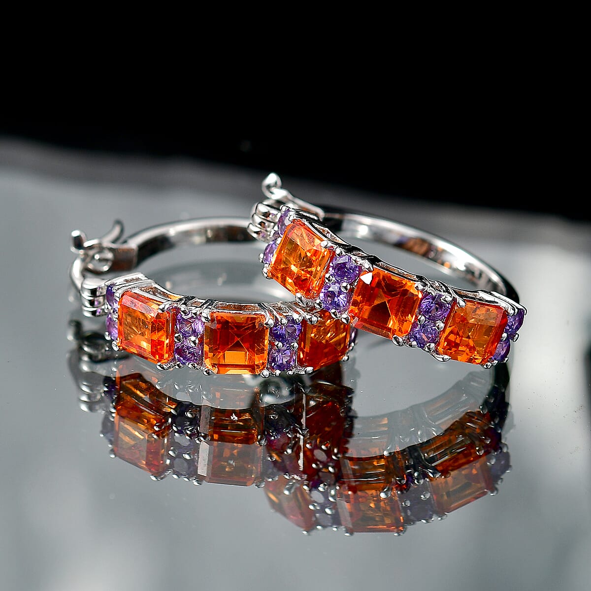 EverTrue Lab Created Orange and Purple Sapphire 6.60 ctw Art Deco Earrings in Platinum Bond image number 1