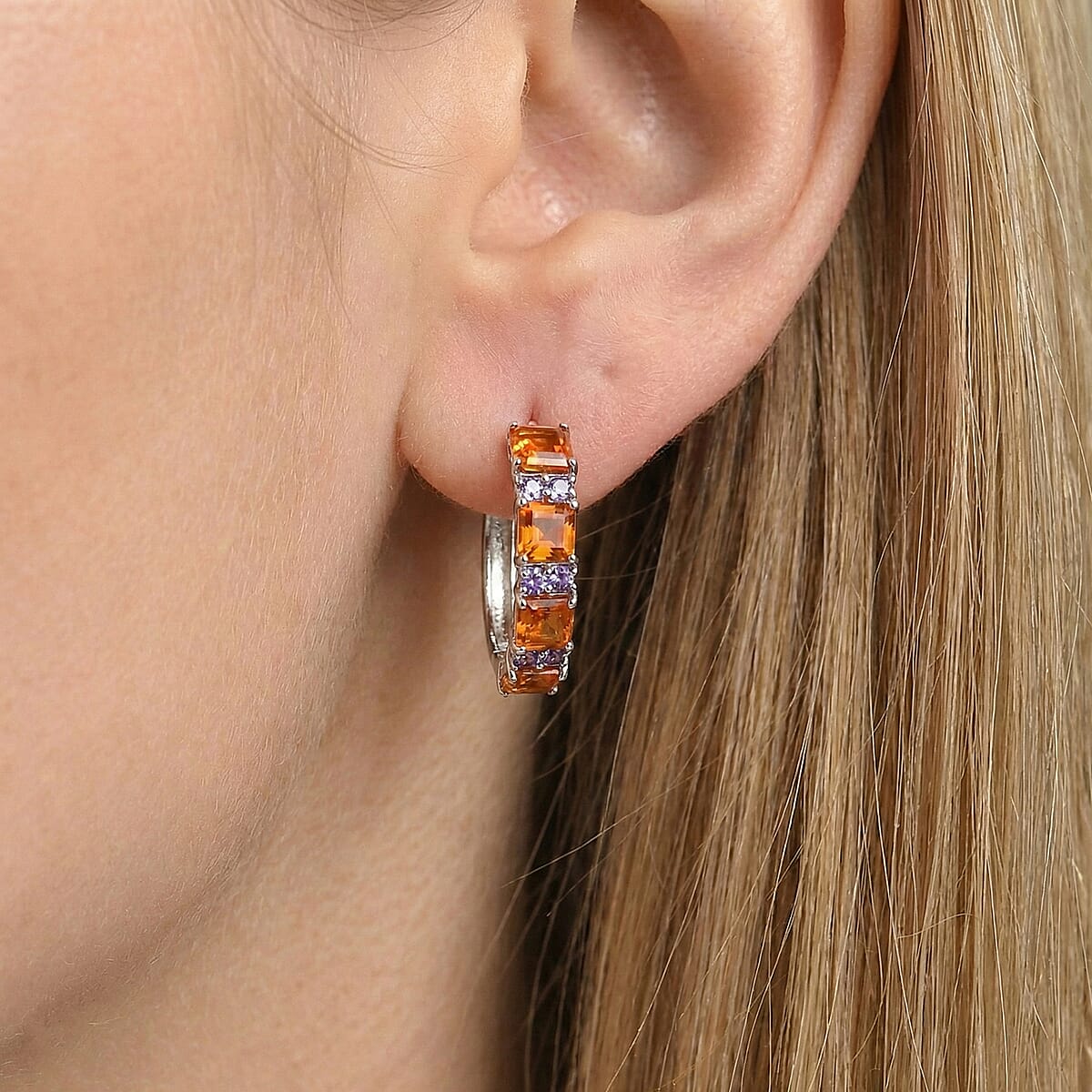 EverTrue Lab Created Orange and Purple Sapphire 6.60 ctw Art Deco Earrings in Platinum Bond image number 2