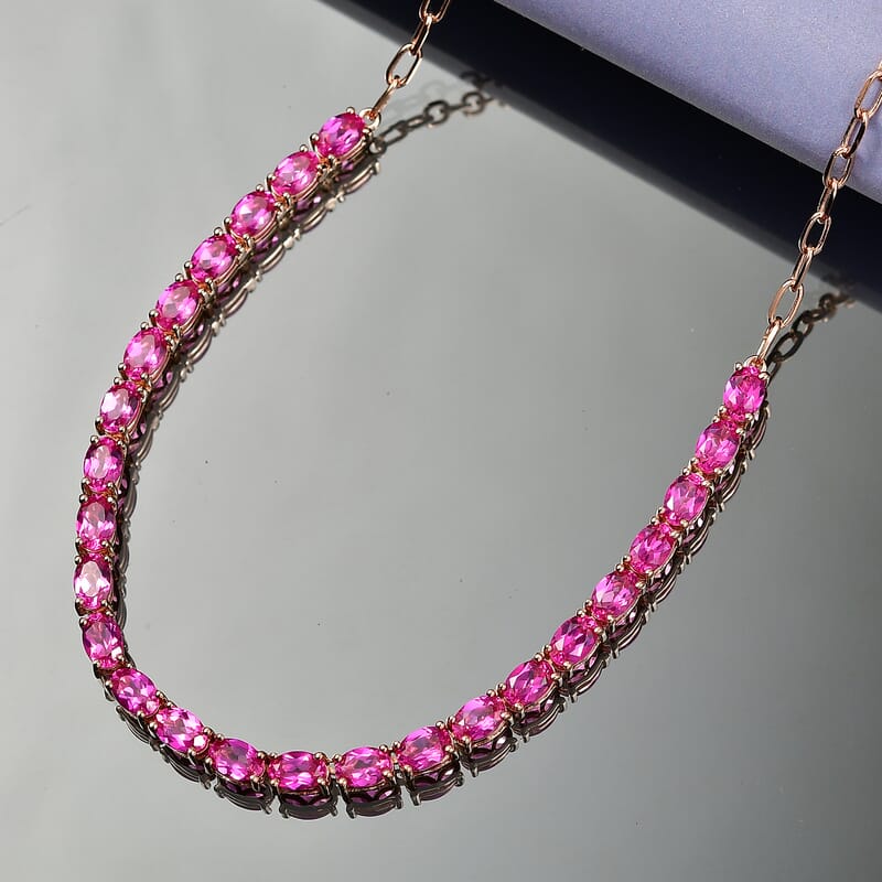 EverTrue Lab Created Pink Sapphire 15.50 ctw Linear Necklace in 18K RG Plated 18-20 Inches
