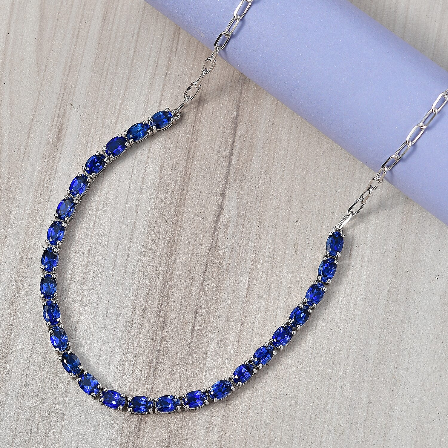 EverTrue Lab Created Blue Sapphire 15.30 ctw Linear Necklace in Platinum Bond 18-20 Inches 