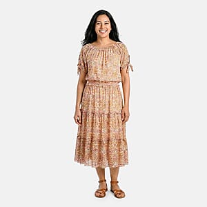 Joi De Vivre Gold Floral Mesh Midi Dress M