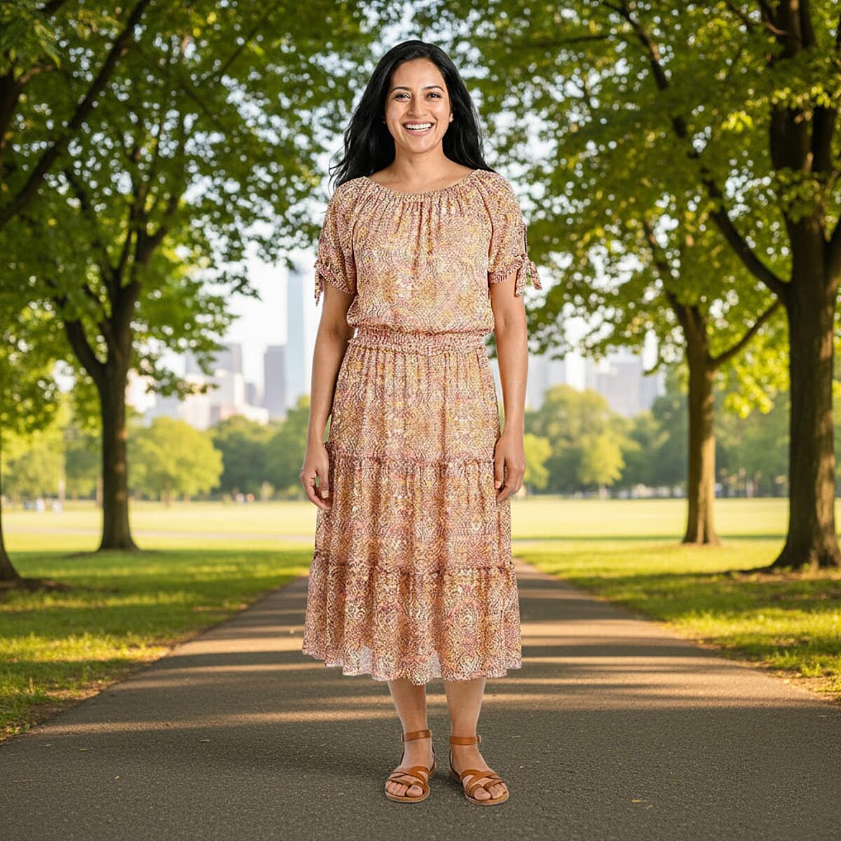 Joi De Vivre Gold Floral Mesh Midi Dress M image number 1
