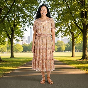 Joi De Vivre Gold Floral Mesh Midi Dress M