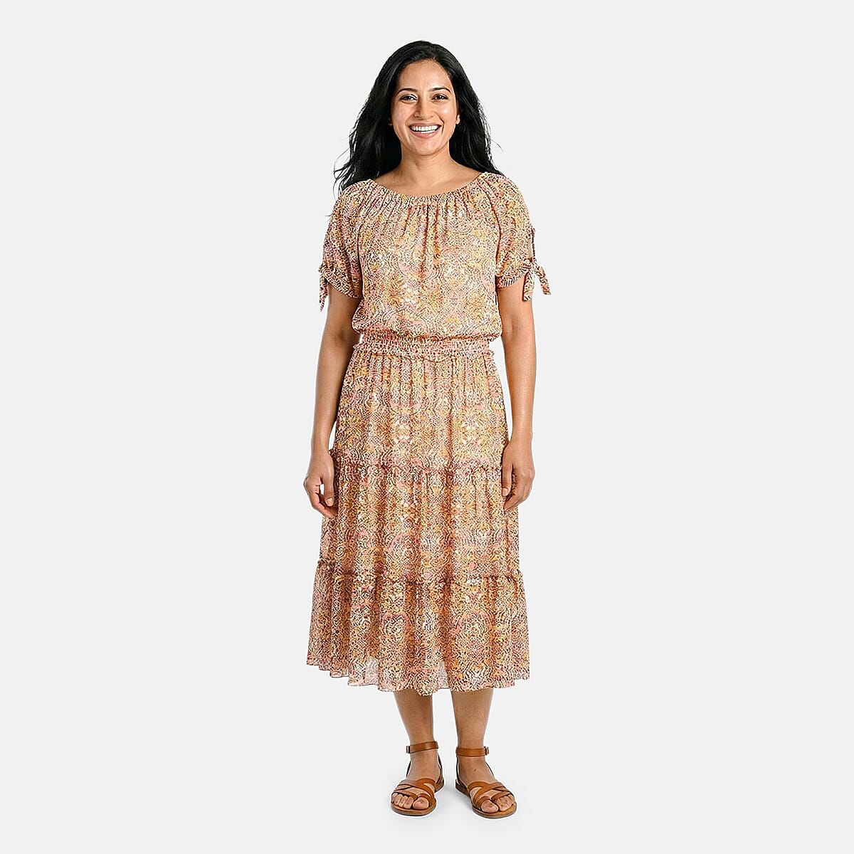 Joi De Vivre Gold Floral Mesh Midi Dress S image number 0