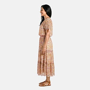 Joi De Vivre Gold Floral Mesh Midi Dress S