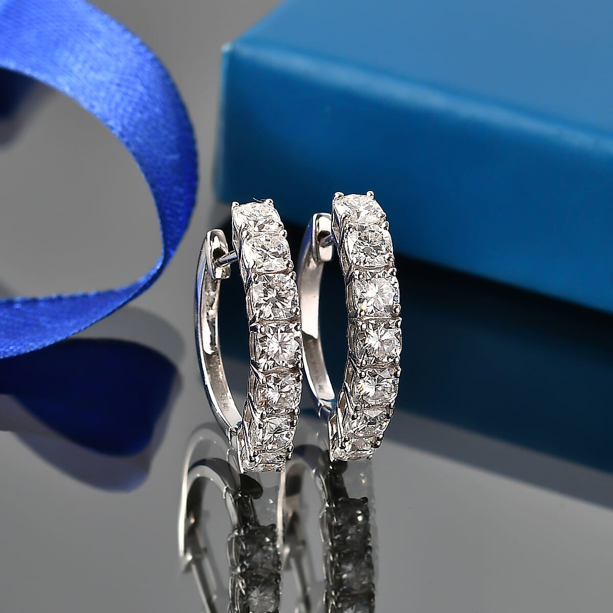 D'Joy Moissanite 4.35 ctw Hoop Earrings in Rhodium Over Sterling Silver image number 1