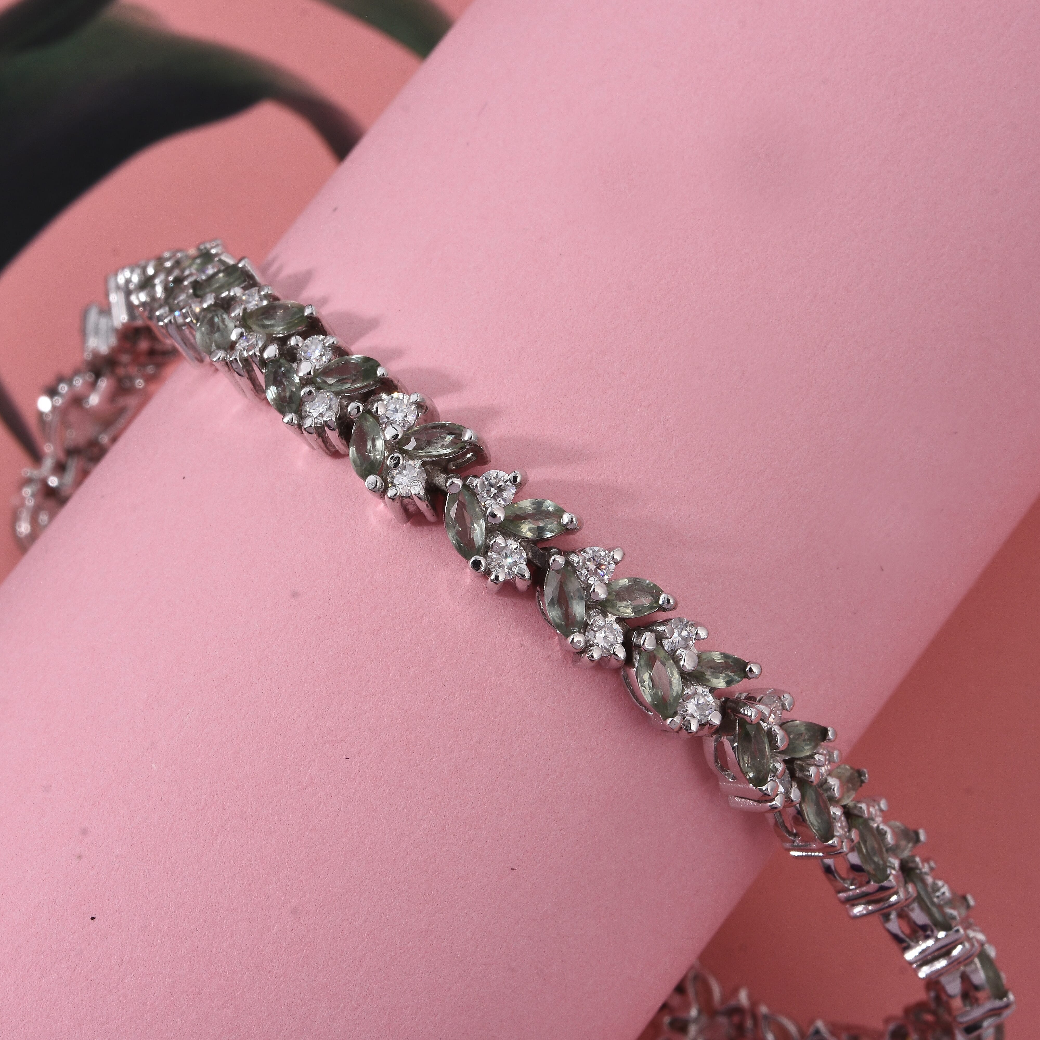 D'Joy Premium Milanoa Green Sapphire and Moissanite 9.65 ctw Emerald Vine Royale Bracelet in Rhodium Over Sterling Silver (7.25 In)