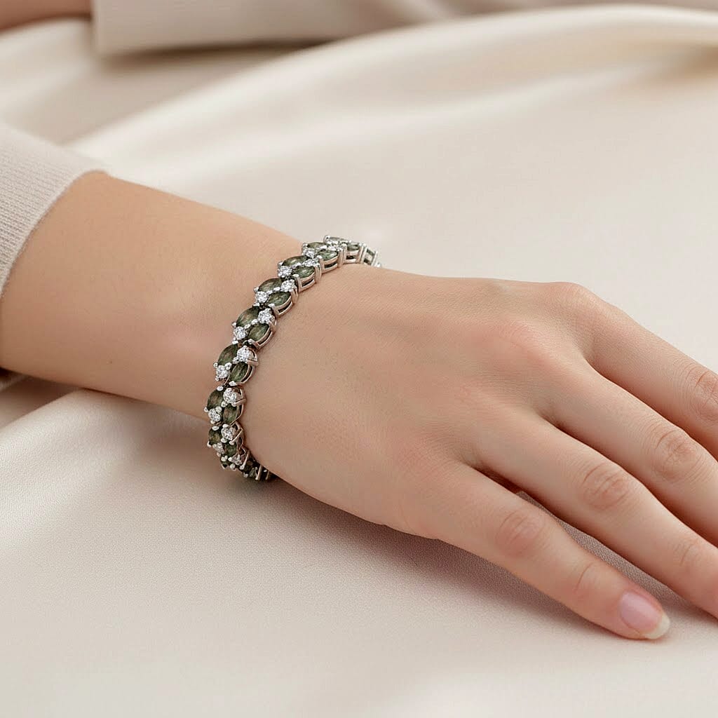 D'Joy Premium Milanoa Green Sapphire and Moissanite 9.65 ctw Emerald Vine Royale Bracelet in Rhodium Over Sterling Silver (7.25 In)