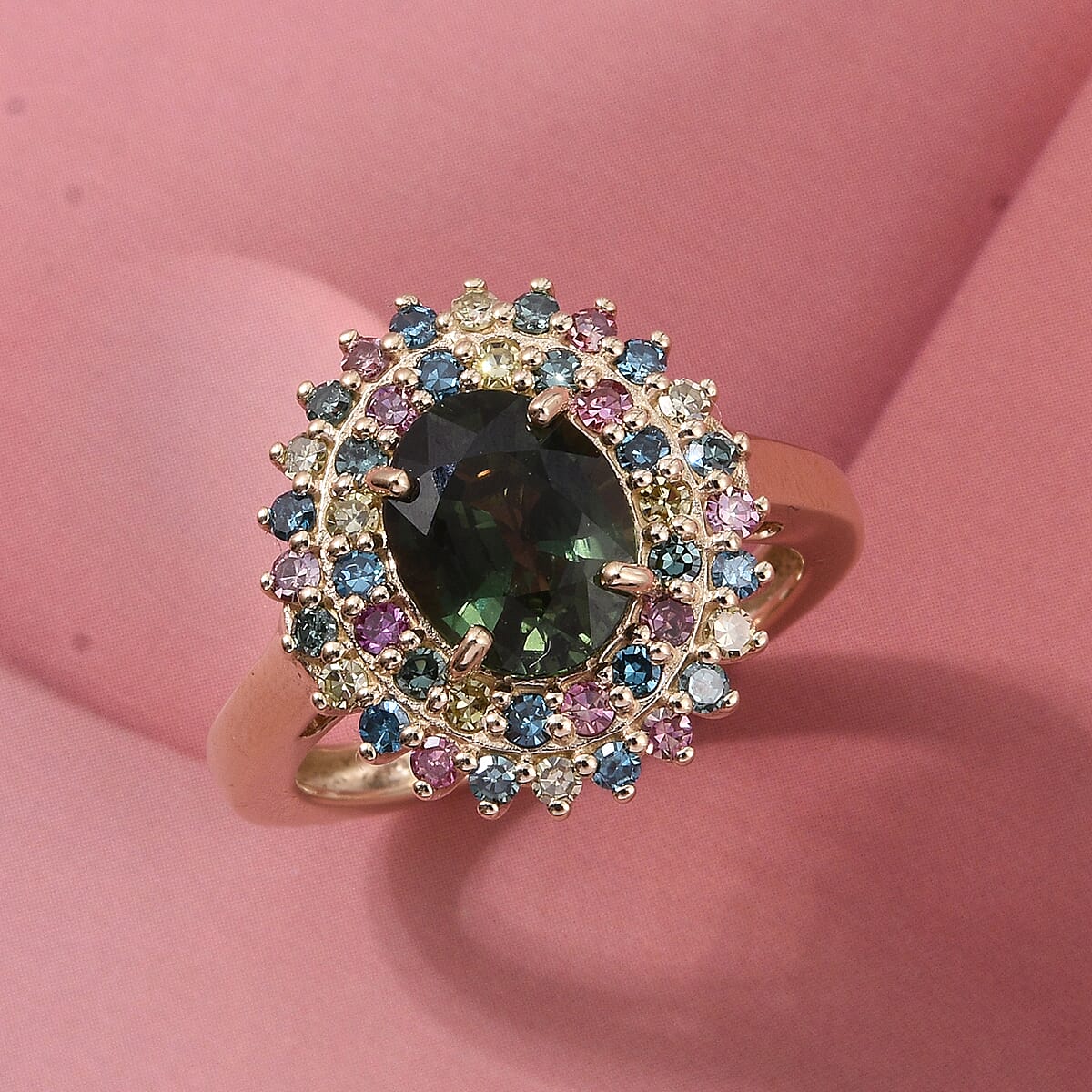 10K Yellow Gold AAA Green Sapphire, Luxuriant Lab Grown Multi Diamond (IR) (SI) (0.65 cts) Ring (Size 6.0) (4.20 g) 3.25 ctw image number 1