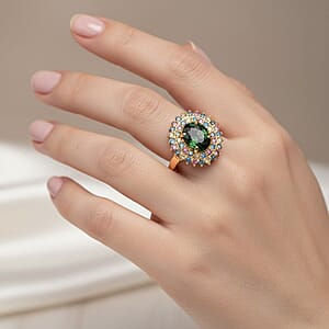 AAA Green Sapphire and Luxuriant Lab Grown Multi Diamond (IR) SI 3.25 ctw Garden Royale Ring in 10K Yellow Gold (Size 7.0) 4.20 Grams