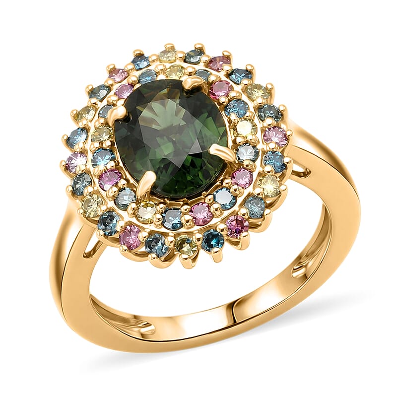 AAA Milanoa Green Sapphire and Luxuriant Lab Grown Multi Diamond SI 3.25 ctw Garden Royale Ring in 10K Yellow Gold (Size 8.0) 4.20 Grams