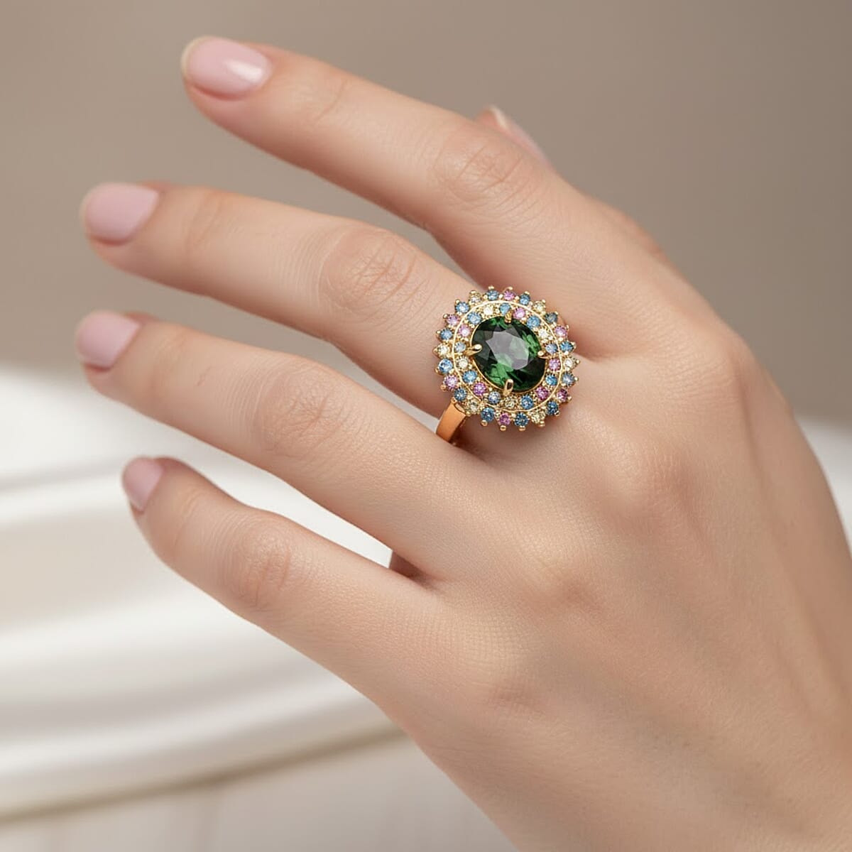 AAA Milanoa Green Sapphire and Luxuriant Lab Grown Multi Diamond SI 3.25 ctw Garden Royale Ring in 10K Yellow Gold (Size 9.0) 4.20 Grams image number 2