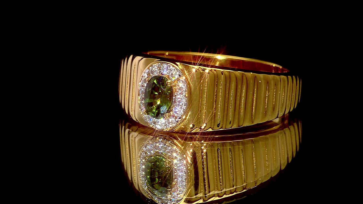 D'Joy Premium Green Sapphire, Moissanite Men's Ring in 18K Vermeil YG Over Sterling Silver (Size 10.0) 0.85 ctw