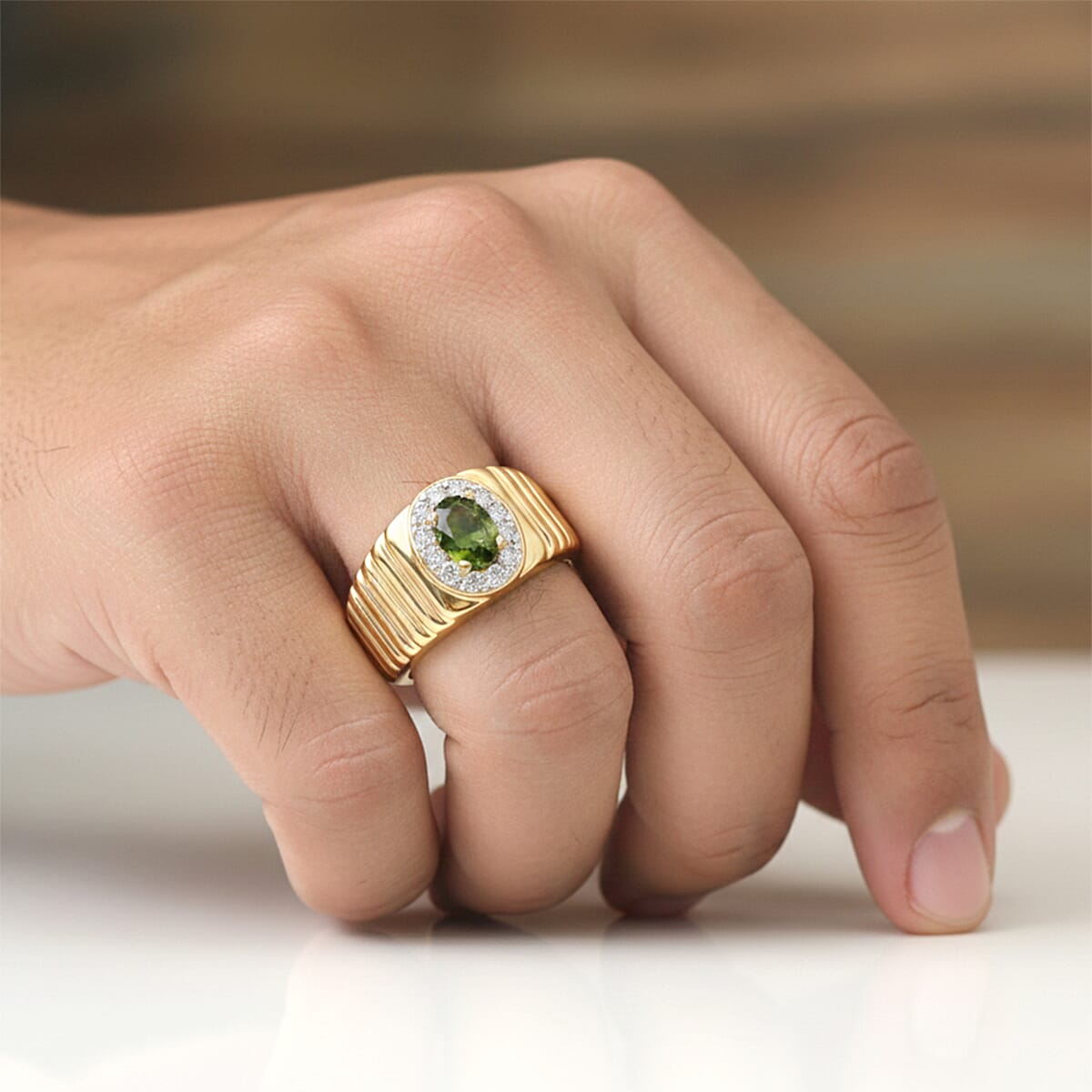 D'Joy Premium Green Sapphire and Moissanite 0.85 ctw Men's Ring in 18K Vermeil Yellow Gold Over Sterling Silver (Size 10.0) image number 2