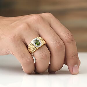 D'Joy Premium Green Sapphire and Moissanite 0.85 ctw Men's Ring in 18K Vermeil Yellow Gold Over Sterling Silver (Size 10.0)