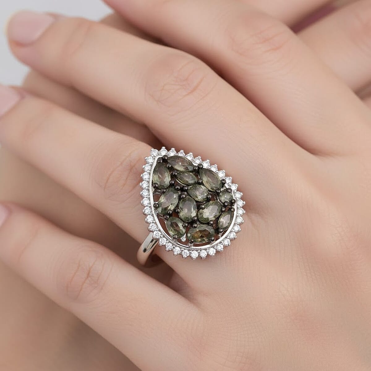 D'Joy Premium Green Sapphire and Moissanite 2.75 ctw Secret Garden Bloom Ring in Rhodium Over Sterling Silver (Size 10.0) image number 1