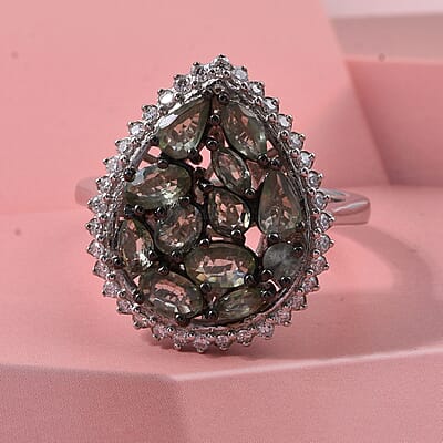 D'Joy Premium Milanoa Green Sapphire and Moissanite 2.75 ctw Secret Garden Bloom Ring in Rhodium Over Sterling Silver (Size 7.0)