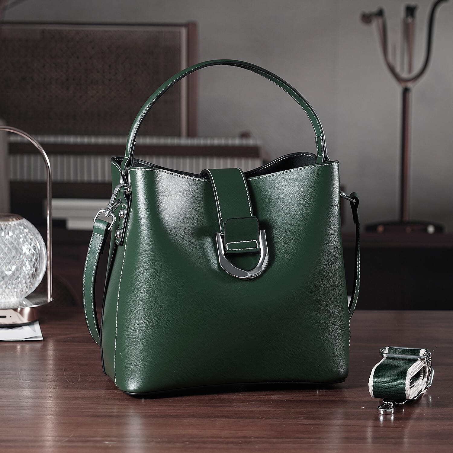 La Marey Green Genuine Leather Crossbody Bag with Long Strap