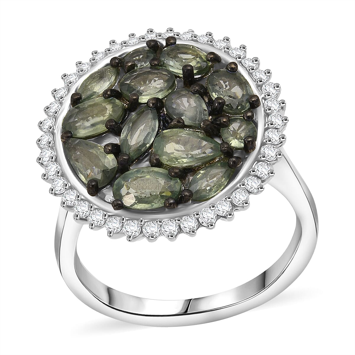 D'Joy Premium Milanoa Green Sapphire and Moissanite 2.50 ctw Secret Garden Bloom Ring in Rhodium Over Sterling Silver (Size 10.0)