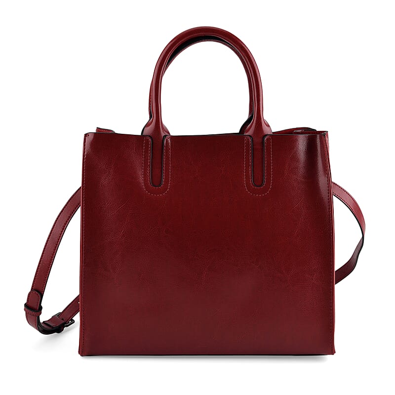 La Marey Red Genuine Leather Tote Bag with Long Strap