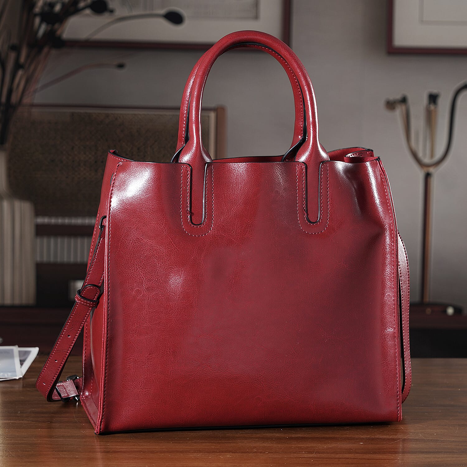 La Marey Red Genuine Leather Tote Bag with Long Strap