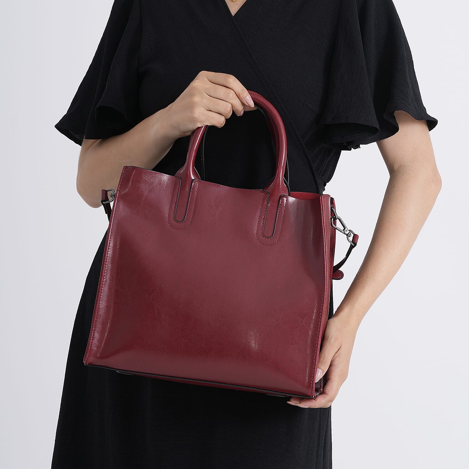 La Marey Red Genuine Leather Tote Bag with Long Strap