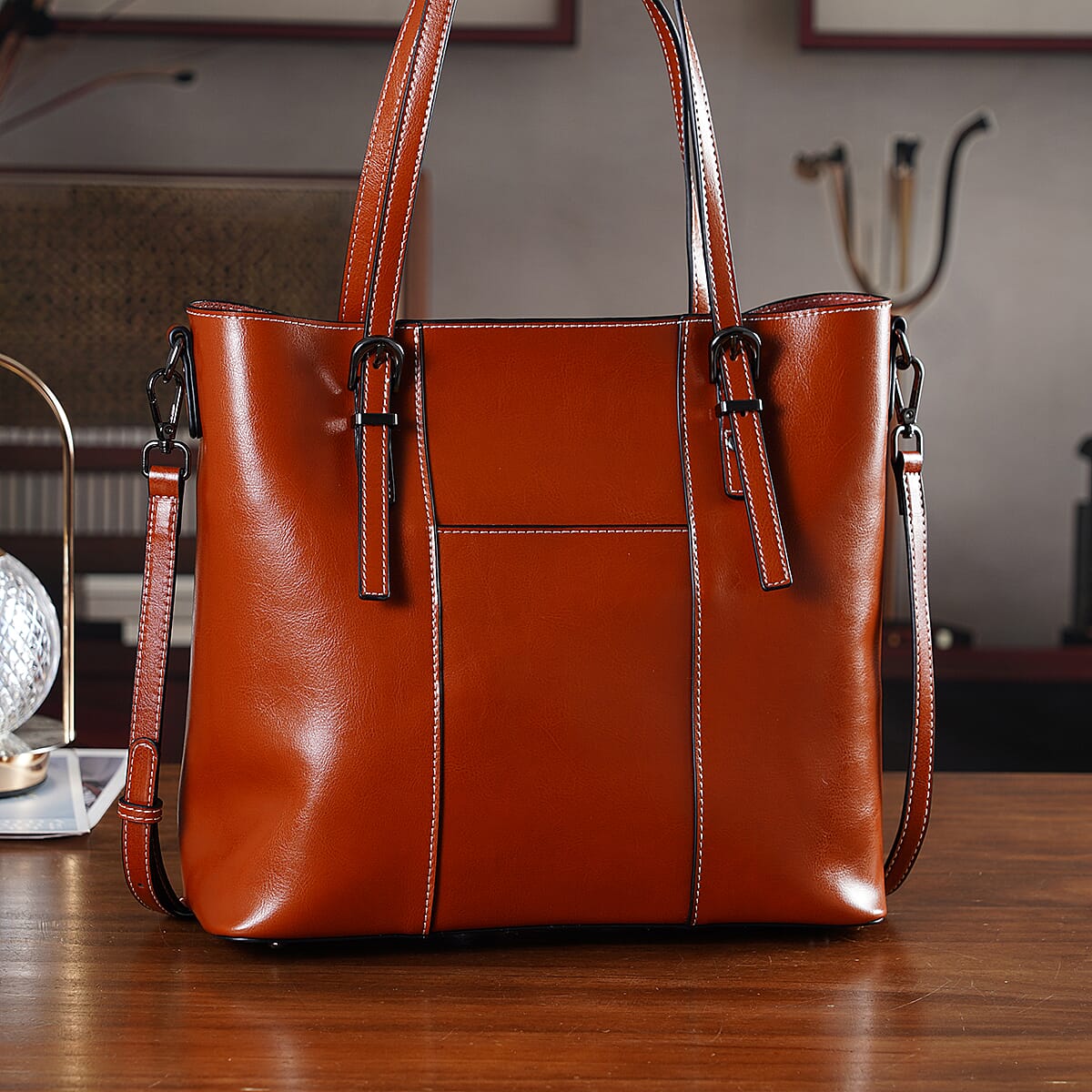 La Marey Brown Herringbone Pattern Genuine Leather Crossbody Bag with Long Strap