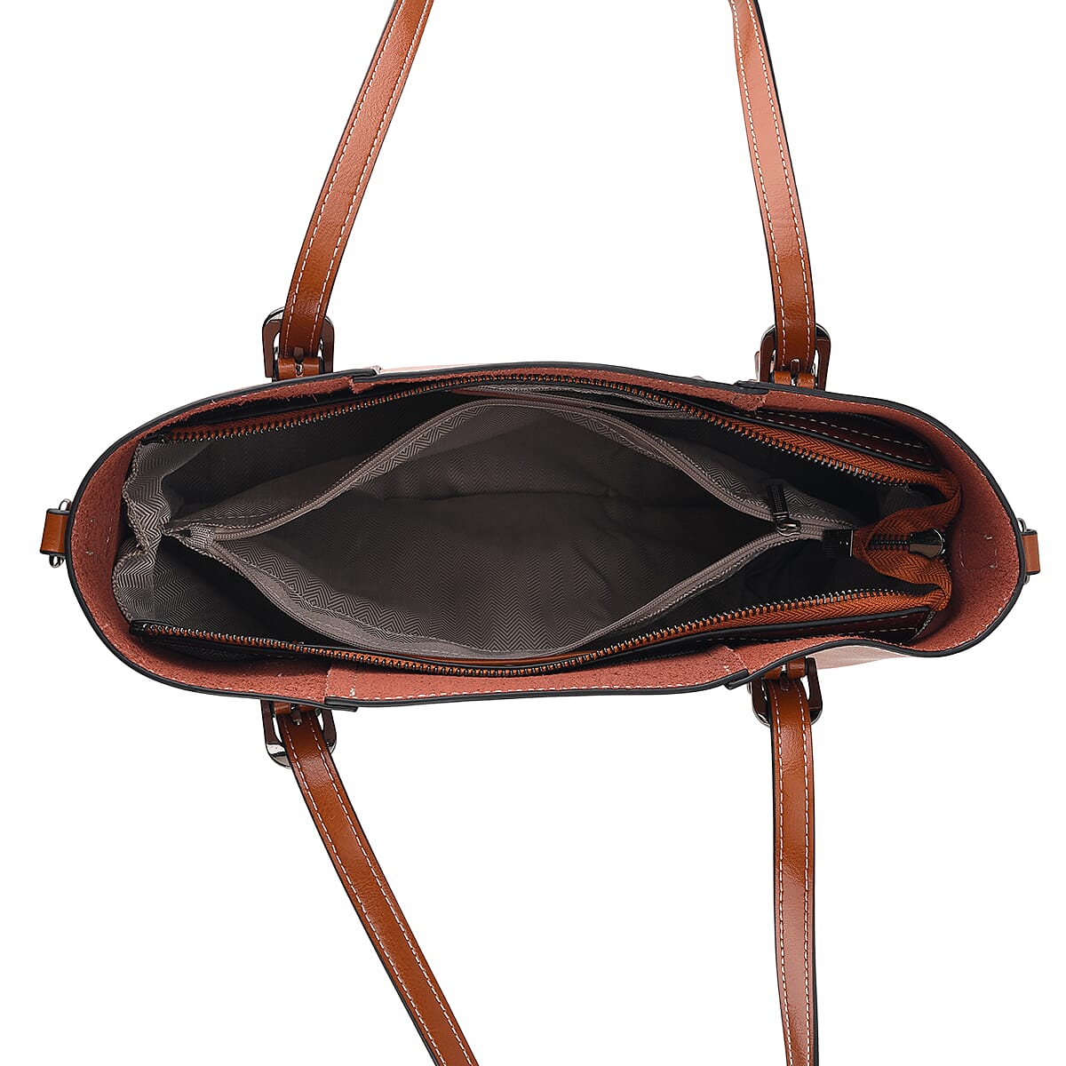 La Marey Brown Herringbone Pattern Genuine Leather Crossbody Bag with Long Strap