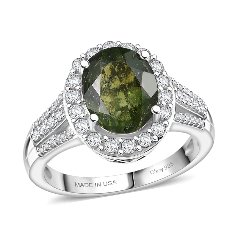 D'Joy Bohemian Moldavite and White Zircon 3.00 ctw Celestial Halo Ring in Rhodium Over Sterling Silver (Size 10.0)