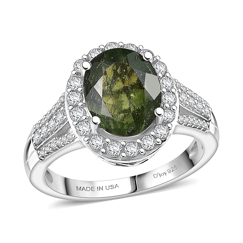 D'Joy Bohemian Moldavite and White Zircon 3.00 ctw Celestial Halo Ring in Rhodium Over Sterling Silver (Size 10.0)