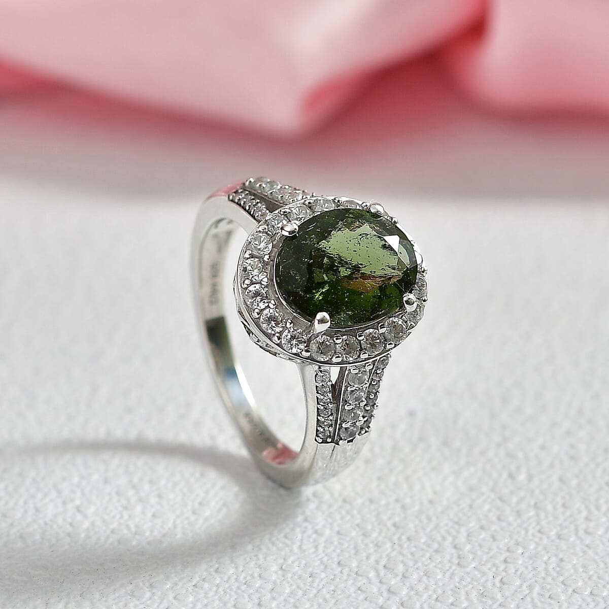 D'Joy Bohemian Moldavite and White Zircon 3.00 ctw Ring in Rhodium Over Sterling Silver (Size 10.0) image number 1