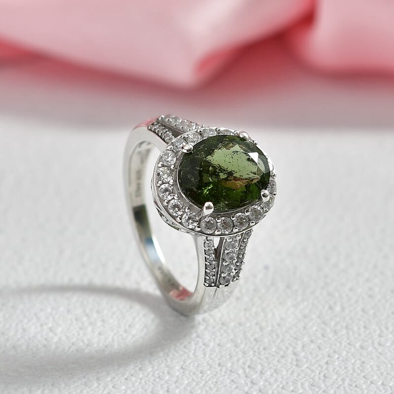 D'Joy Bohemian Moldavite and White Zircon 3.00 ctw Celestial Halo Ring in Rhodium Over Sterling Silver (Size 10.0)