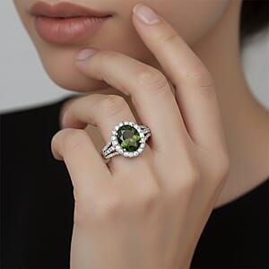 D'Joy Bohemian Moldavite and White Zircon 3.00 ctw Ring in Rhodium Over Sterling Silver (Size 10.0)