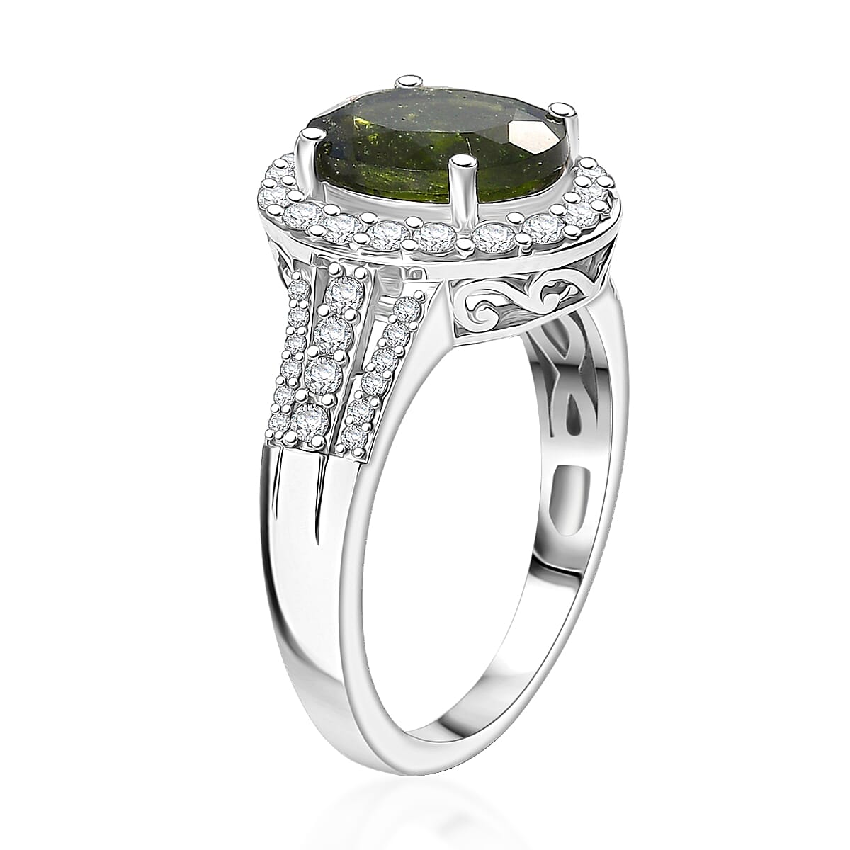 D'Joy Bohemian Moldavite and White Zircon 3.00 ctw Celestial Halo Ring in Rhodium Over Sterling Silver (Size 10.0)