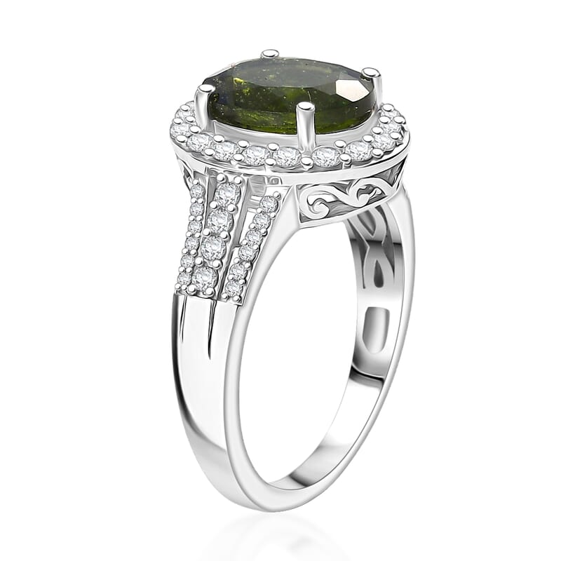 D'Joy Bohemian Moldavite and White Zircon 3.00 ctw Celestial Halo Ring in Rhodium Over Sterling Silver (Size 10.0)