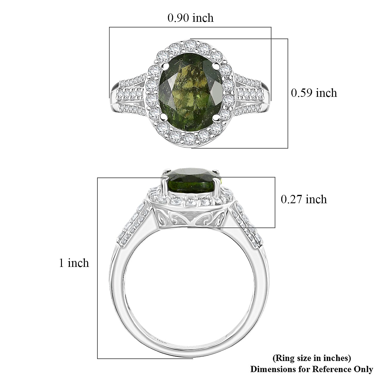 D'Joy Bohemian Moldavite and White Zircon 3.00 ctw Celestial Halo Ring in Rhodium Over Sterling Silver (Size 10.0)