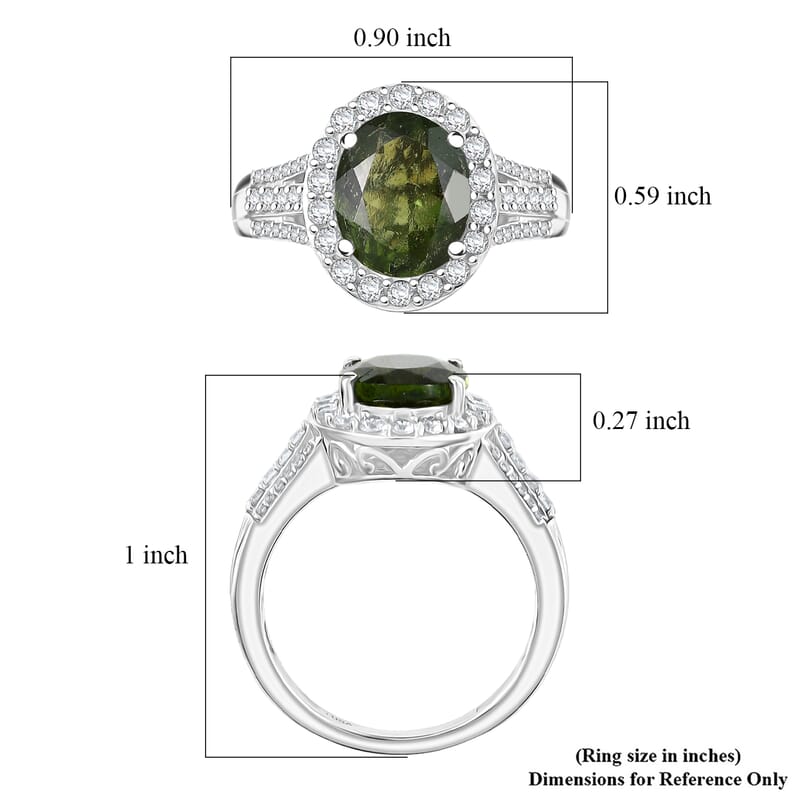 D'Joy Bohemian Moldavite and White Zircon 3.00 ctw Celestial Halo Ring in Rhodium Over Sterling Silver (Size 10.0)