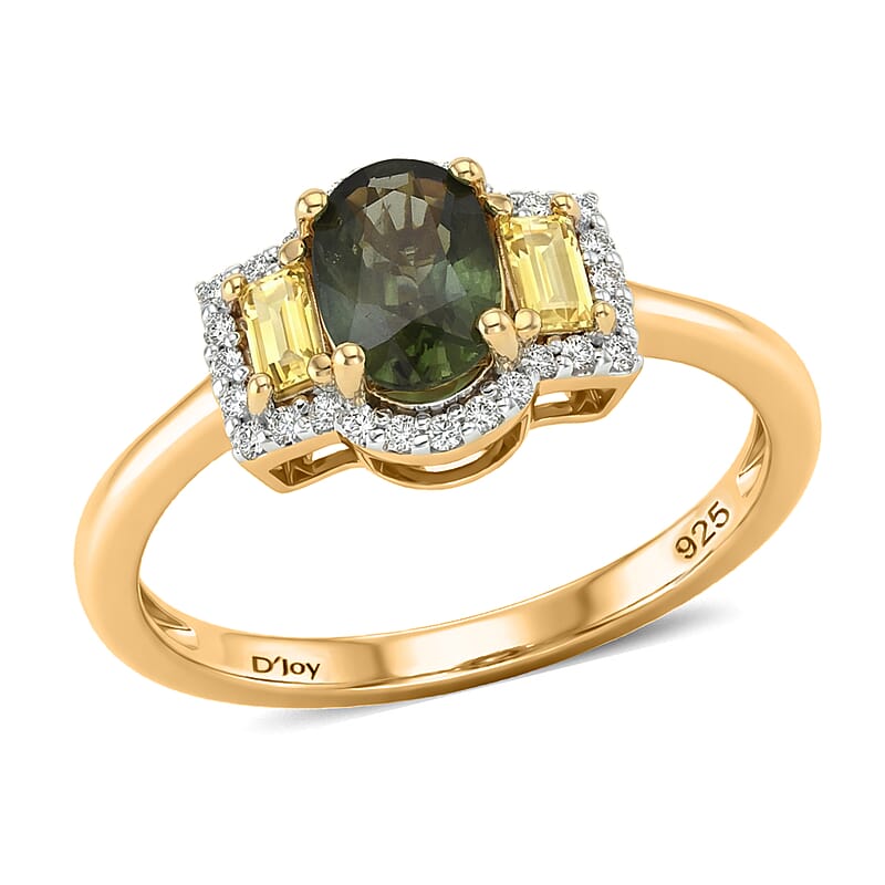 D'Joy Premium Milanoa Green and Yellow Sapphire, Moissanite 1.60 ctw Ring in 18K Vermeil Yellow Gold Over Sterling Silver (Size 10.0)