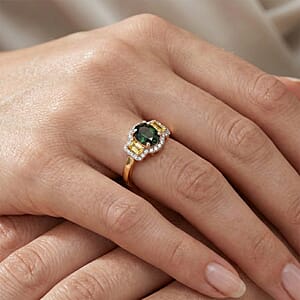 D'Joy Premium Green Sapphire and Moissanite 1.60 ctw Ring in 18K Vermeil Yellow Gold Over Sterling Silver (Size 10.0)