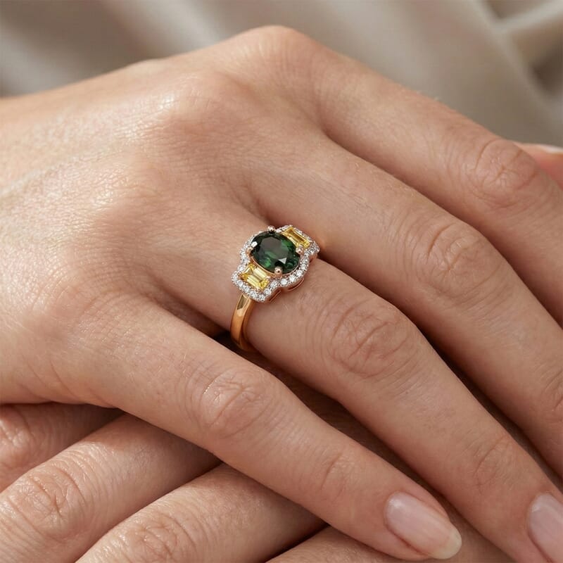D'Joy Premium Milanoa Green and Yellow Sapphire, Moissanite 1.60 ctw Ring in 18K Vermeil Yellow Gold Over Sterling Silver (Size 10.0)