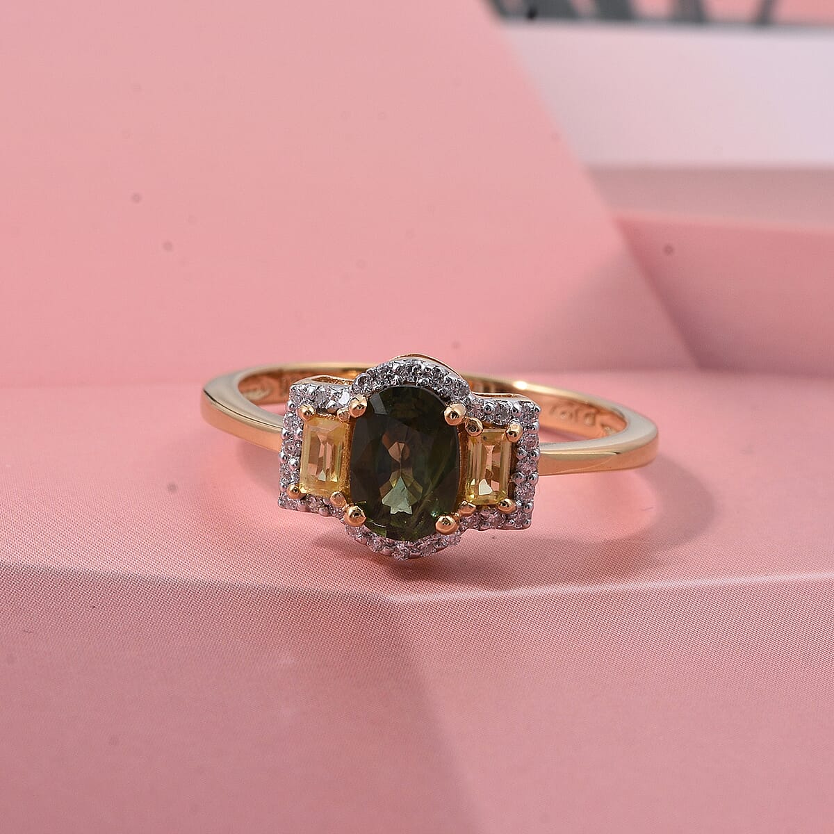 D'Joy Premium Milanoa Green and Yellow Sapphire, Moissanite 1.60 ctw Ring in 18K Vermeil Yellow Gold Over Sterling Silver (Size 5.0) image number 1