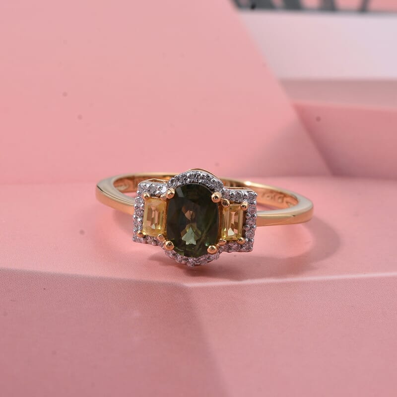 D'Joy Premium Milanoa Green and Yellow Sapphire, Moissanite 1.60 ctw Ring in 18K Vermeil Yellow Gold Over Sterling Silver (Size 5.0)