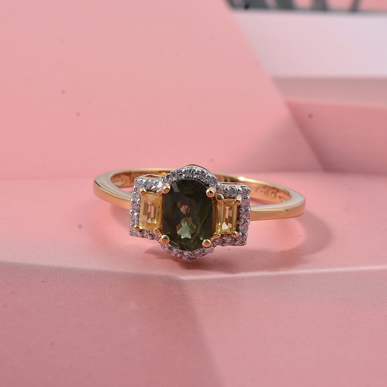 D'Joy Premium Milanoa Green and Yellow Sapphire, Moissanite 1.60 ctw Ring in 18K Vermeil Yellow Gold Over Sterling Silver (Size 7.0)
