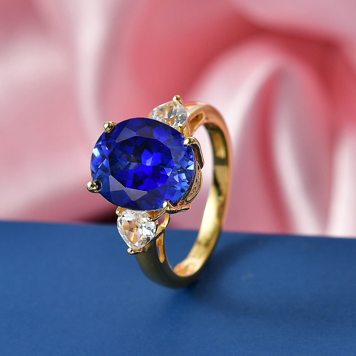 EverTrue Lab Created Blue and White Sapphire Ring in 18K YG Plated (Size 10.0) 7.90 ctw image number 1