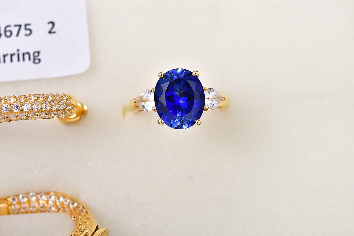 EverTrue Lab Created Blue and White Sapphire Ring in 18K YG Plated (Size 10.0) 7.90 ctw image number 7