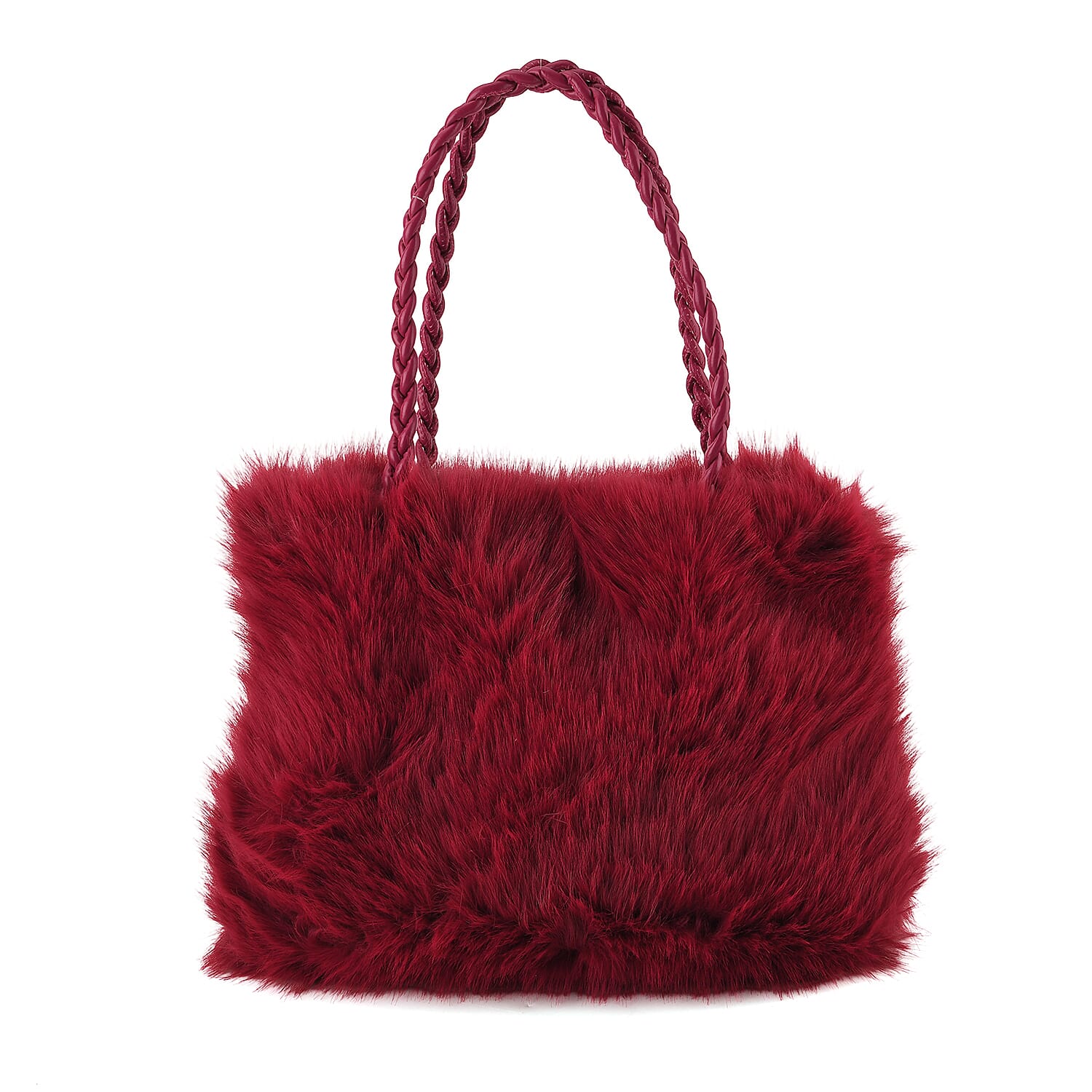 La Marey Red Solid Fur Tote Bag with Woven Handle
