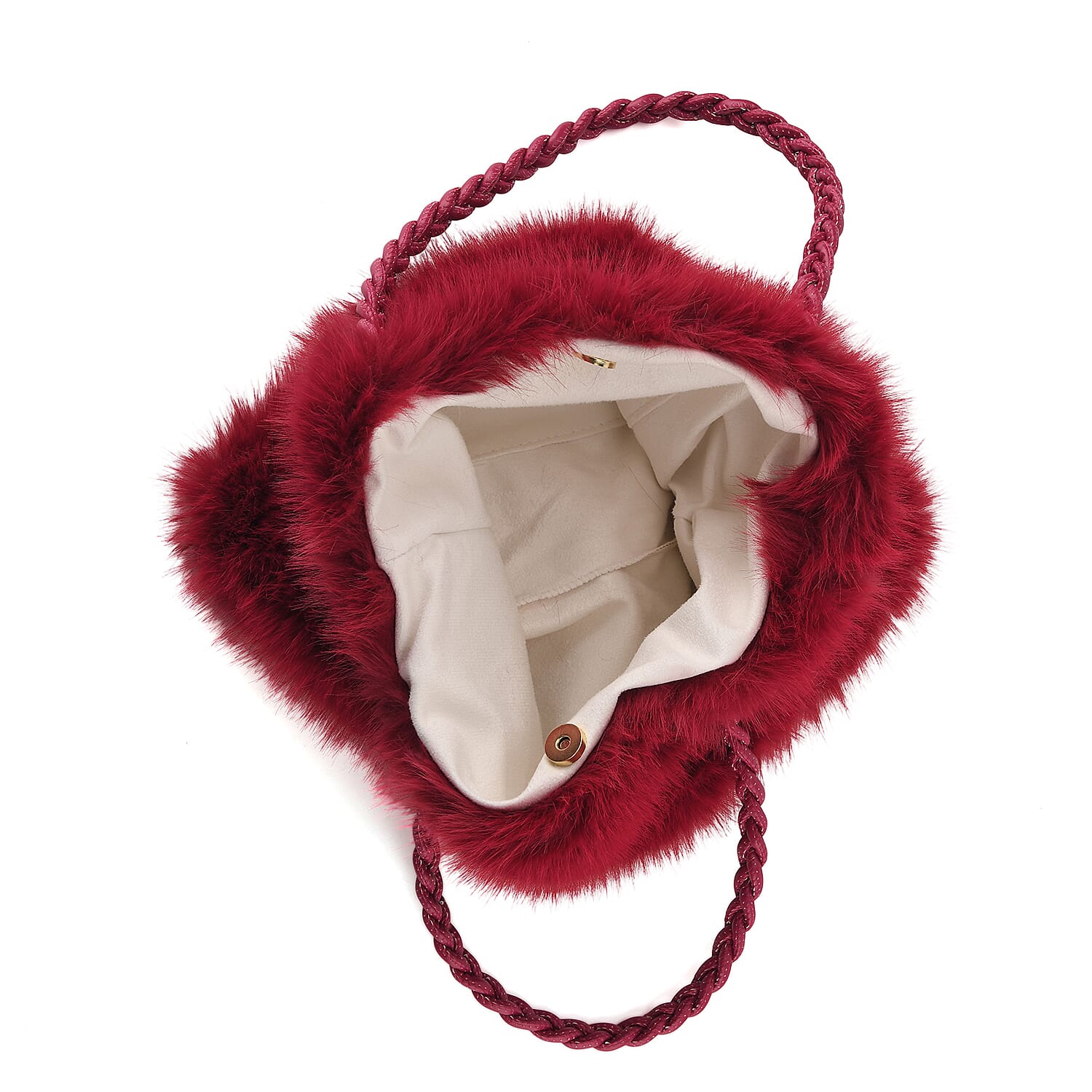 La Marey Red Solid Fur Tote Bag with Woven Handle